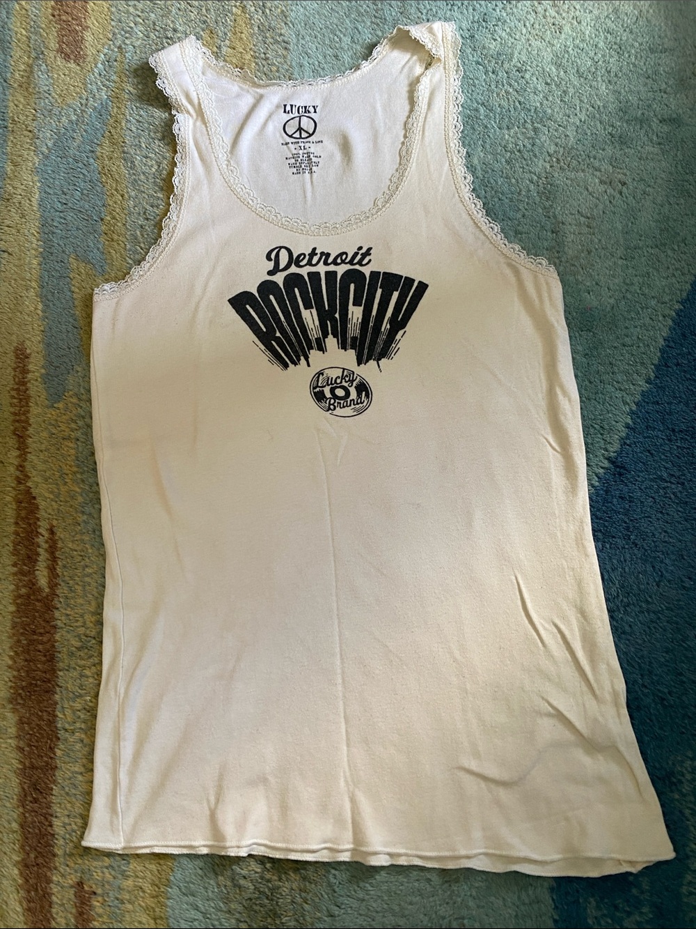 Lucky Brand Cream Detroit Rock City Graphic Lace-Trim Tank